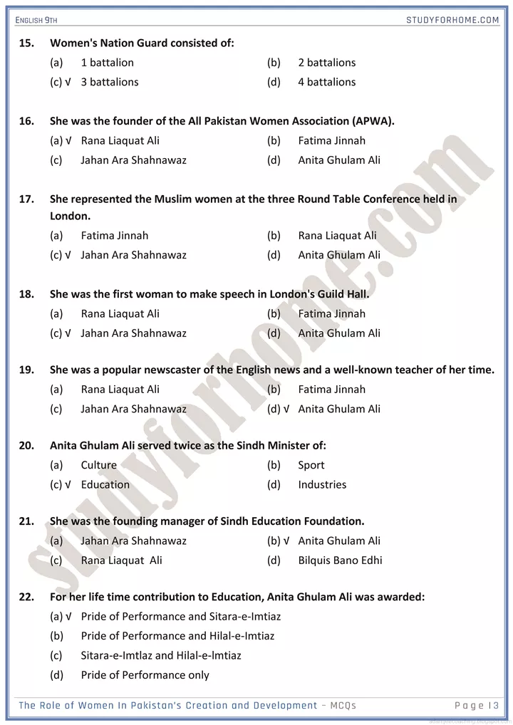 gender equity mcqs english 9th 3