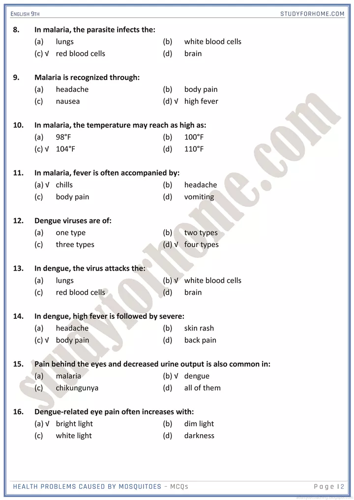 healthy life style mcqs english 9th 2