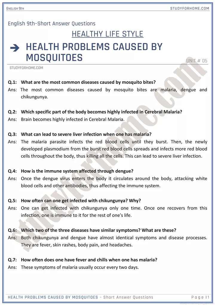 healthy life style short question answers english 9th 1