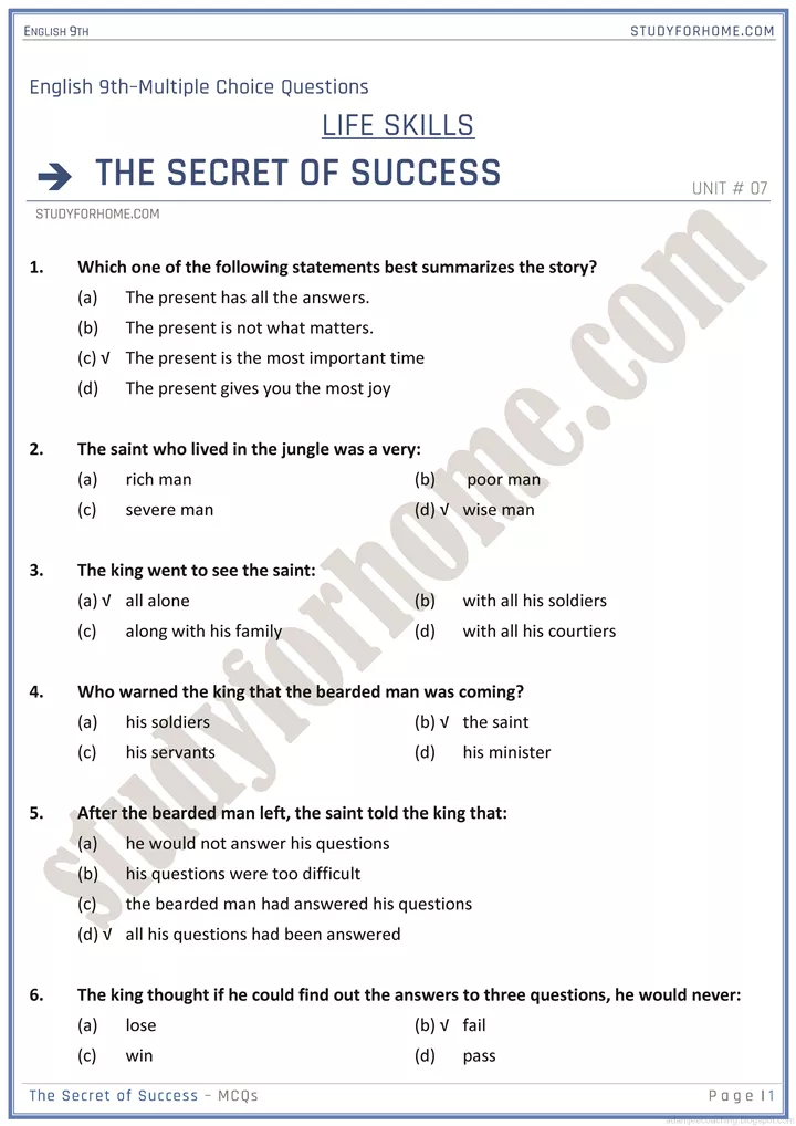 life skills mcqs english 9th 1