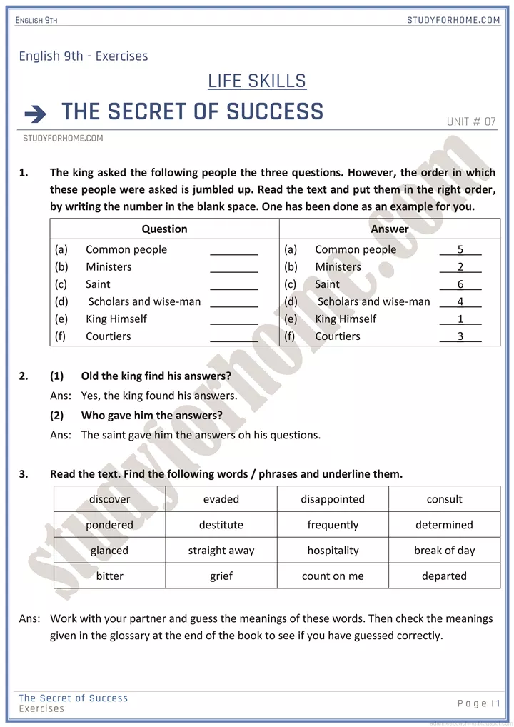 life skills solved book exercise english 9th 1