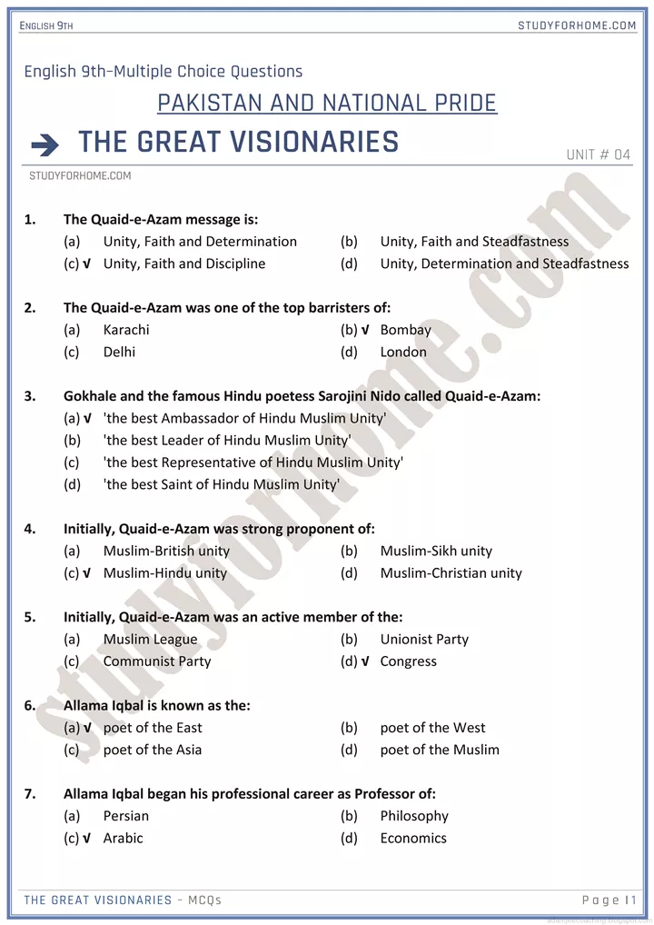 pakistan and national pride mcqs english 9th 1