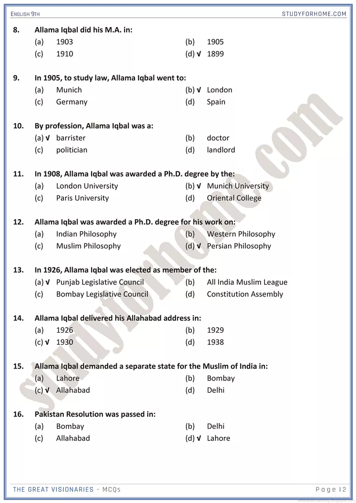 pakistan and national pride mcqs english 9th 2