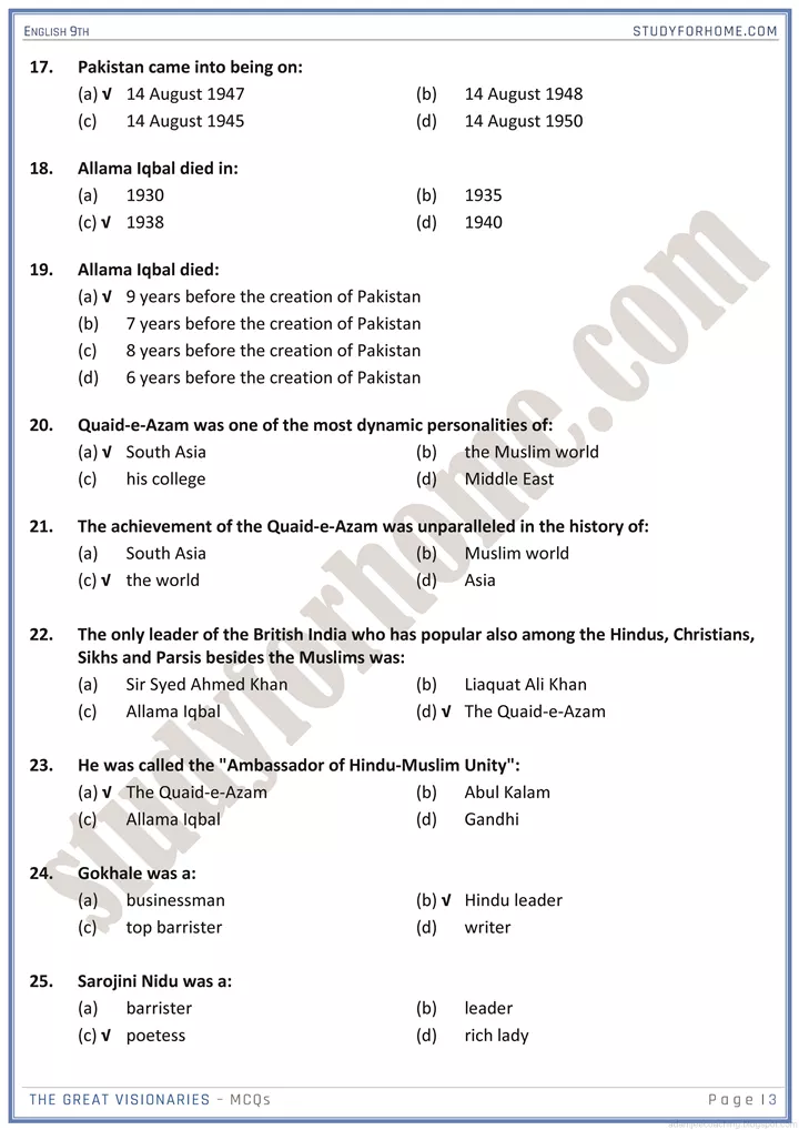 pakistan and national pride mcqs english 9th 3