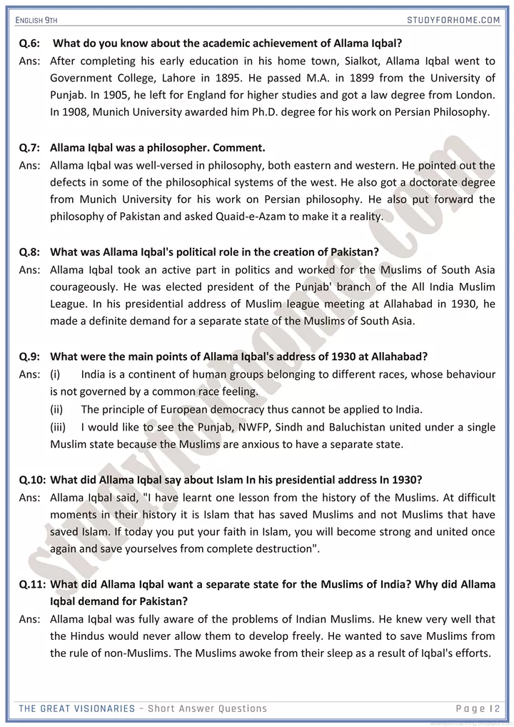 pakistan and national pride short question answers english 9th 2