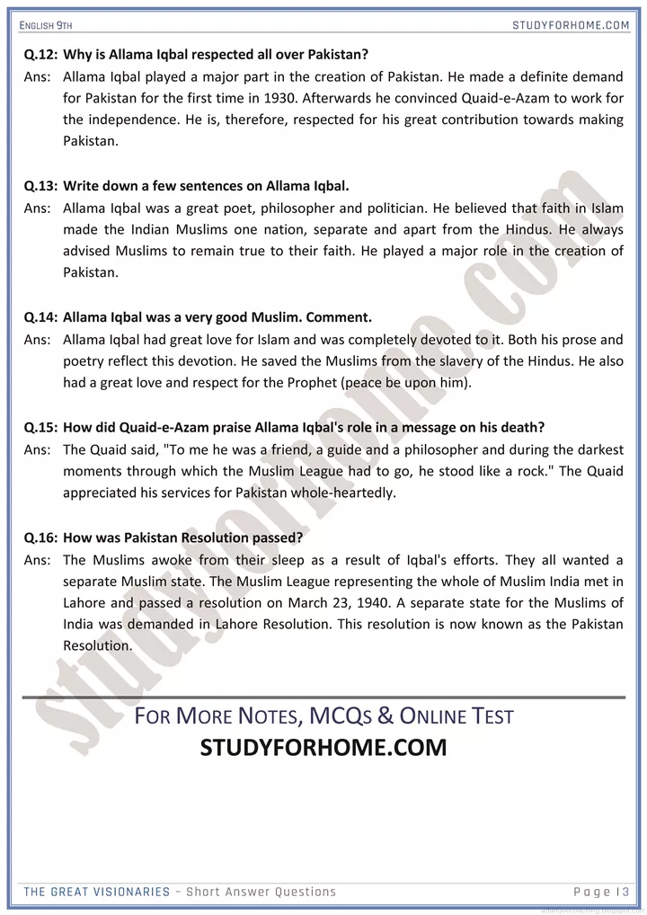 pakistan and national pride short question answers english 9th 3