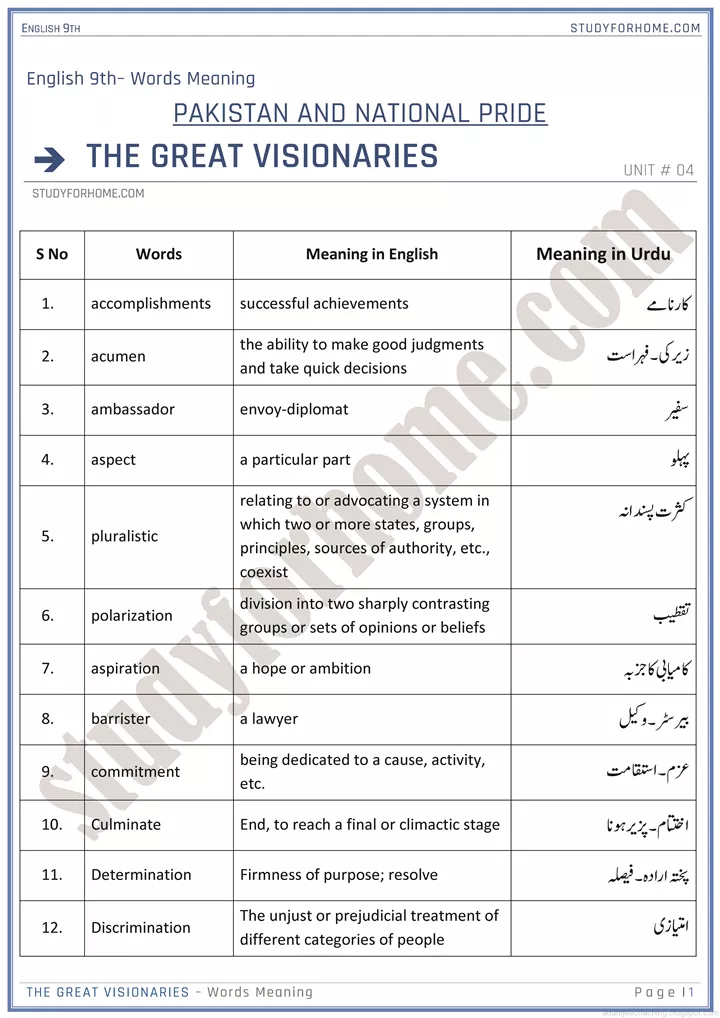 pakistan and national pride words meaning chapter summary english 9th 1