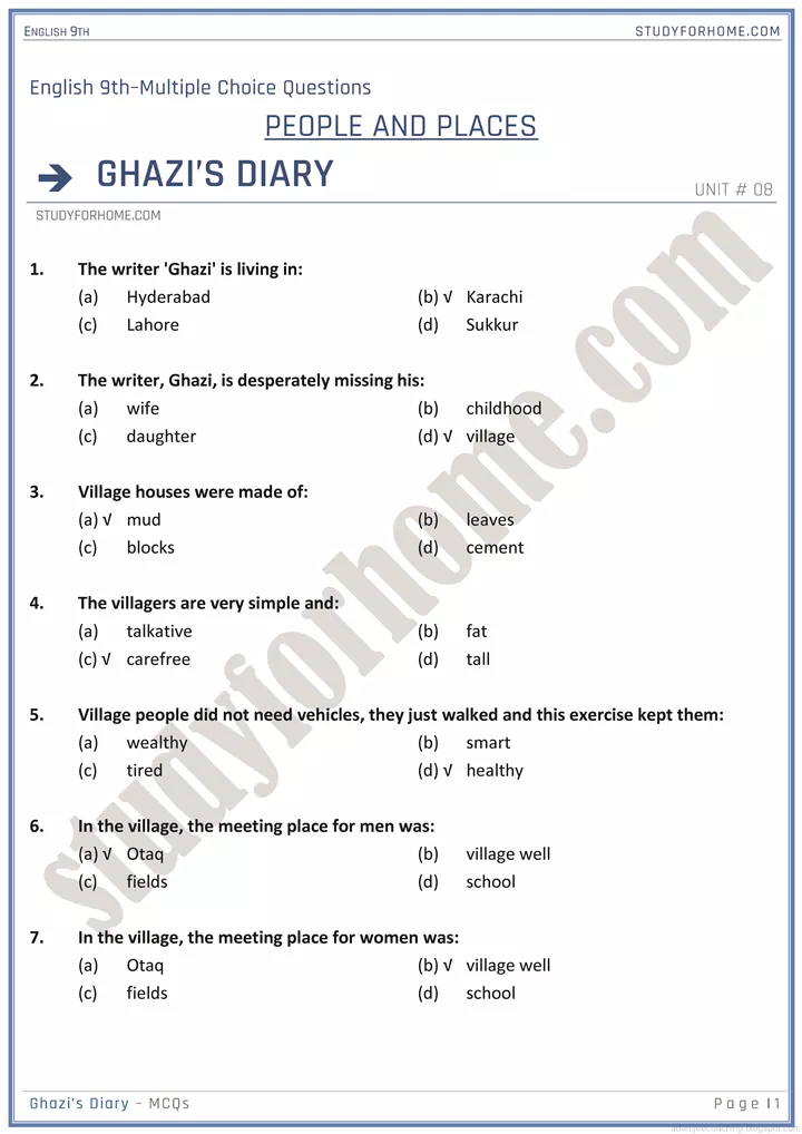 people and places mcqs english 9th 1