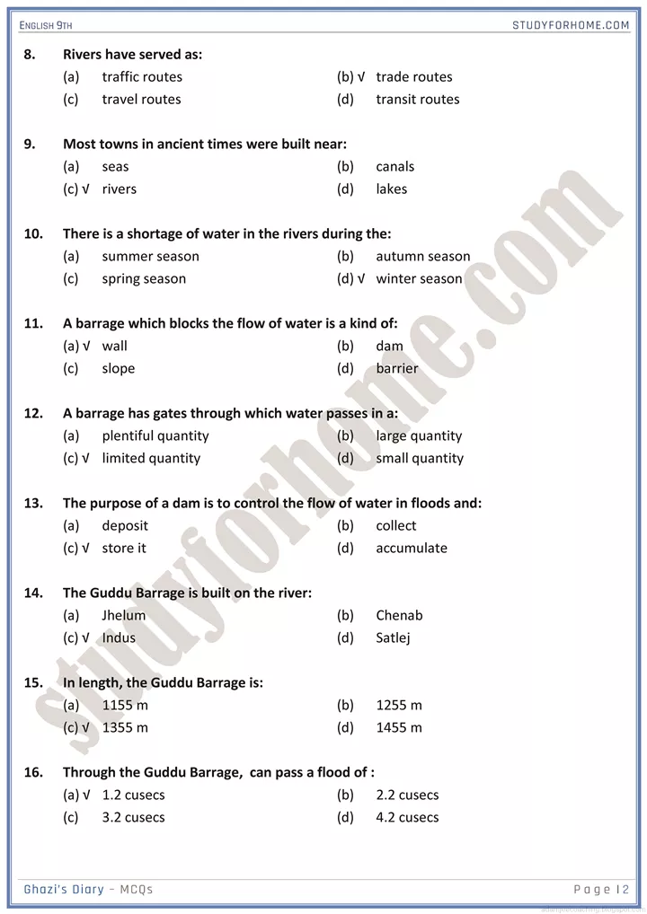 people and places mcqs english 9th 2