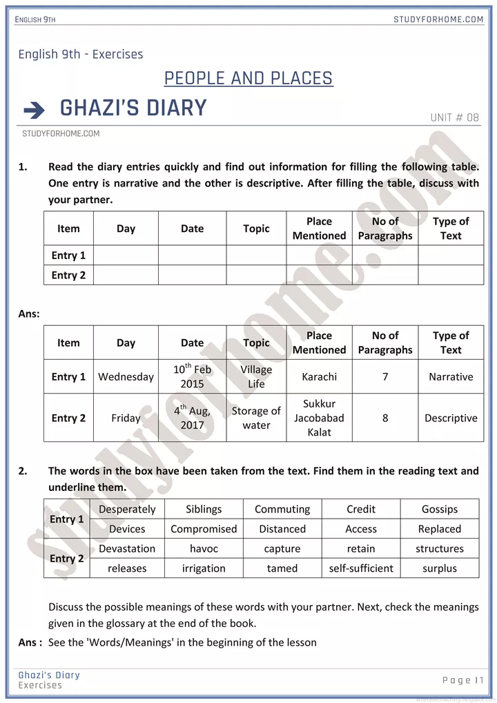 people and places solved book exercise english 9th 1