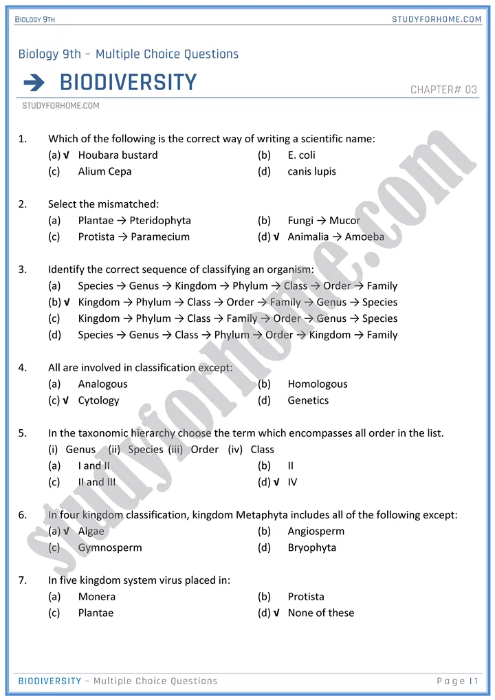 biodiversity mcqs biology 9th 1