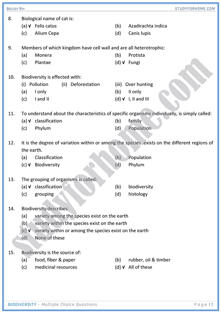 biodiversity mcqs biology 9th 2