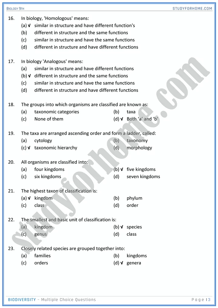 biodiversity mcqs biology 9th 3