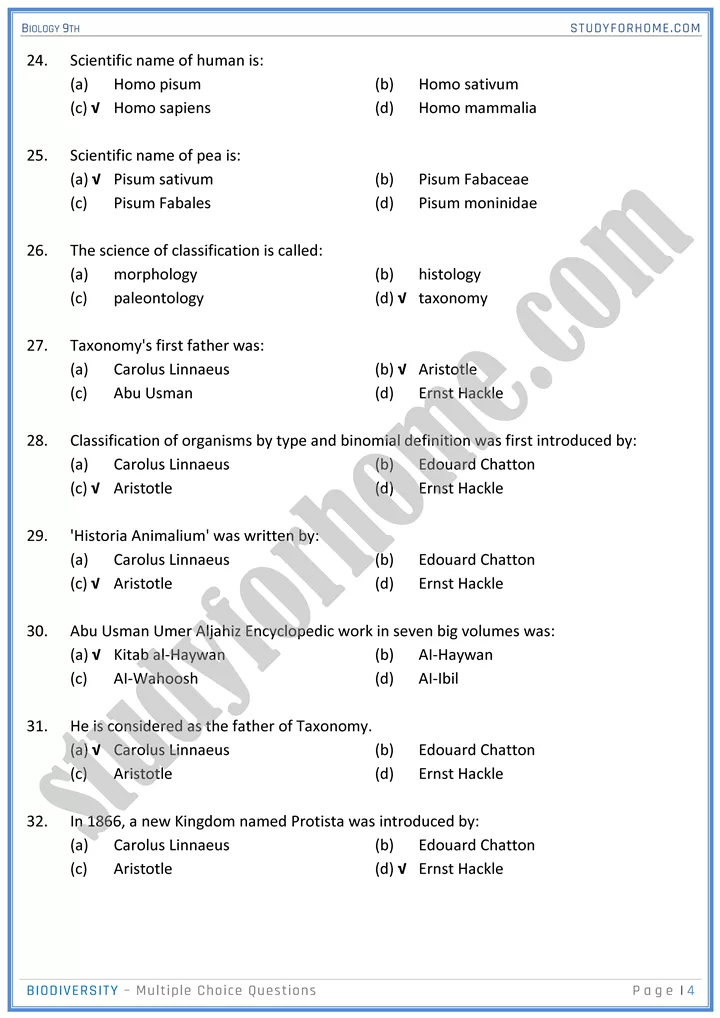 biodiversity mcqs biology 9th 4