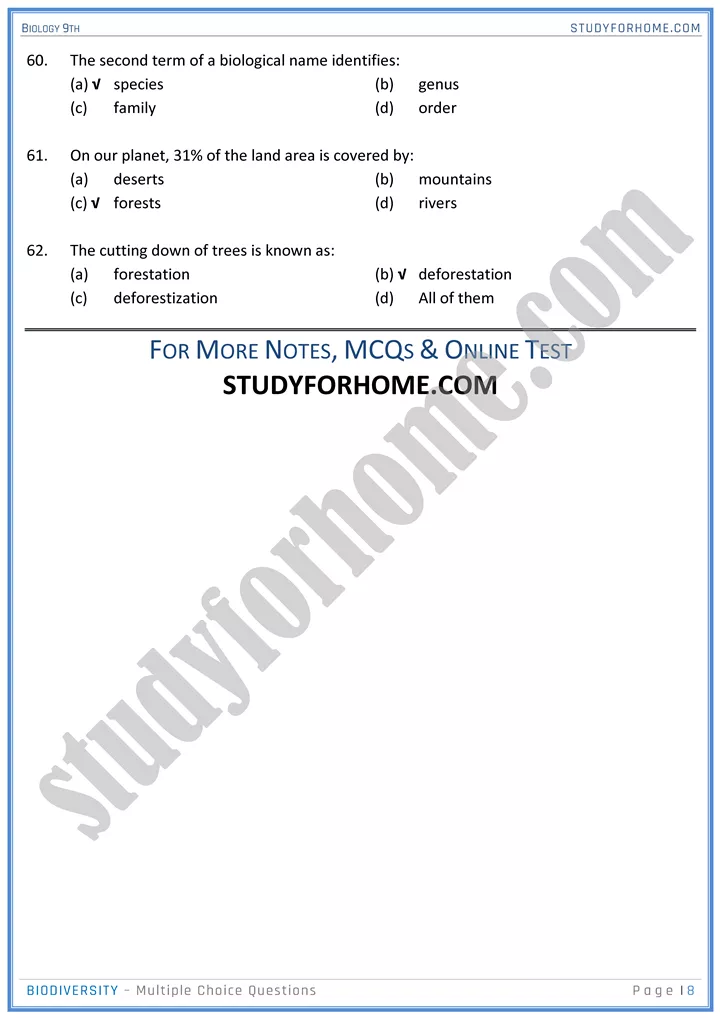 biodiversity mcqs biology 9th 8