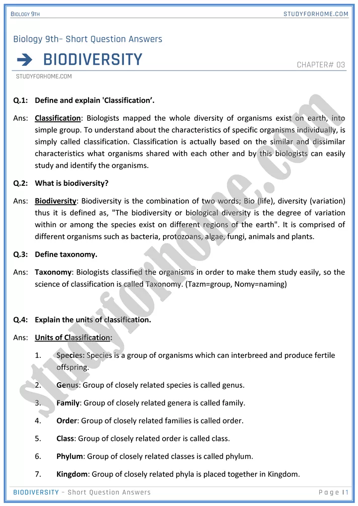 biodiversity short question answers biology 9th 1