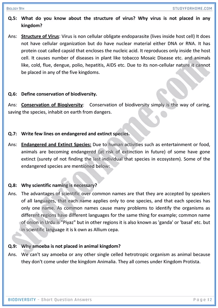 biodiversity short question answers biology 9th 2