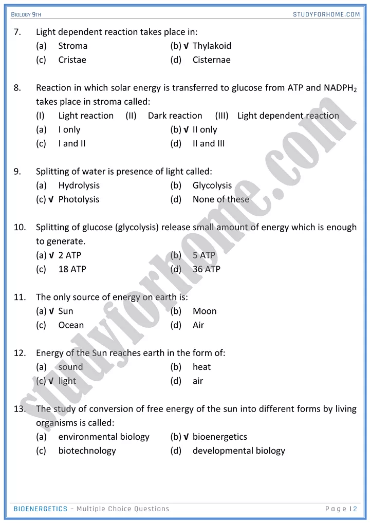 bioenergetics mcqs biology 9th 2