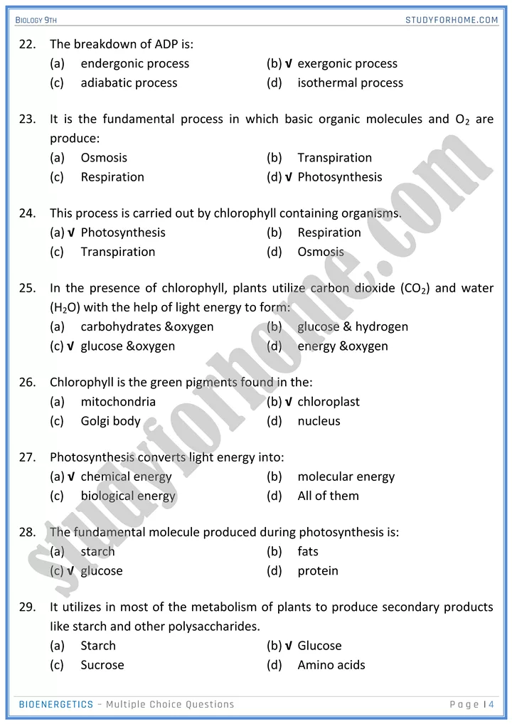 bioenergetics mcqs biology 9th 4