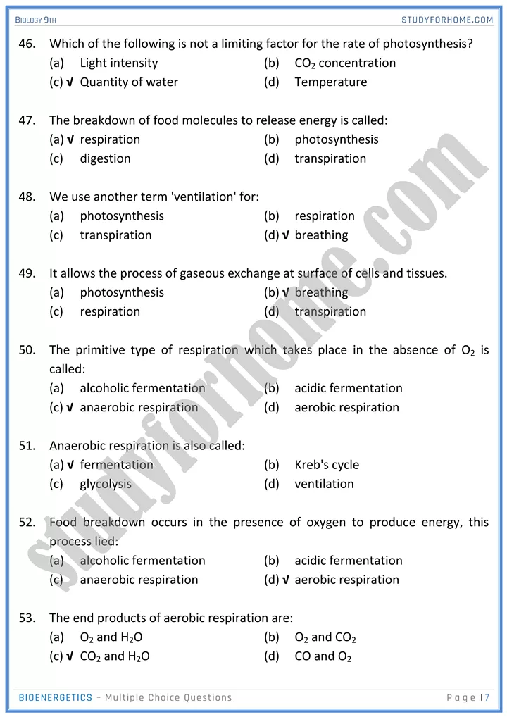 bioenergetics mcqs biology 9th 7