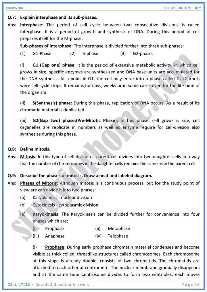 cell cycle detailed question answers biology 9th 03