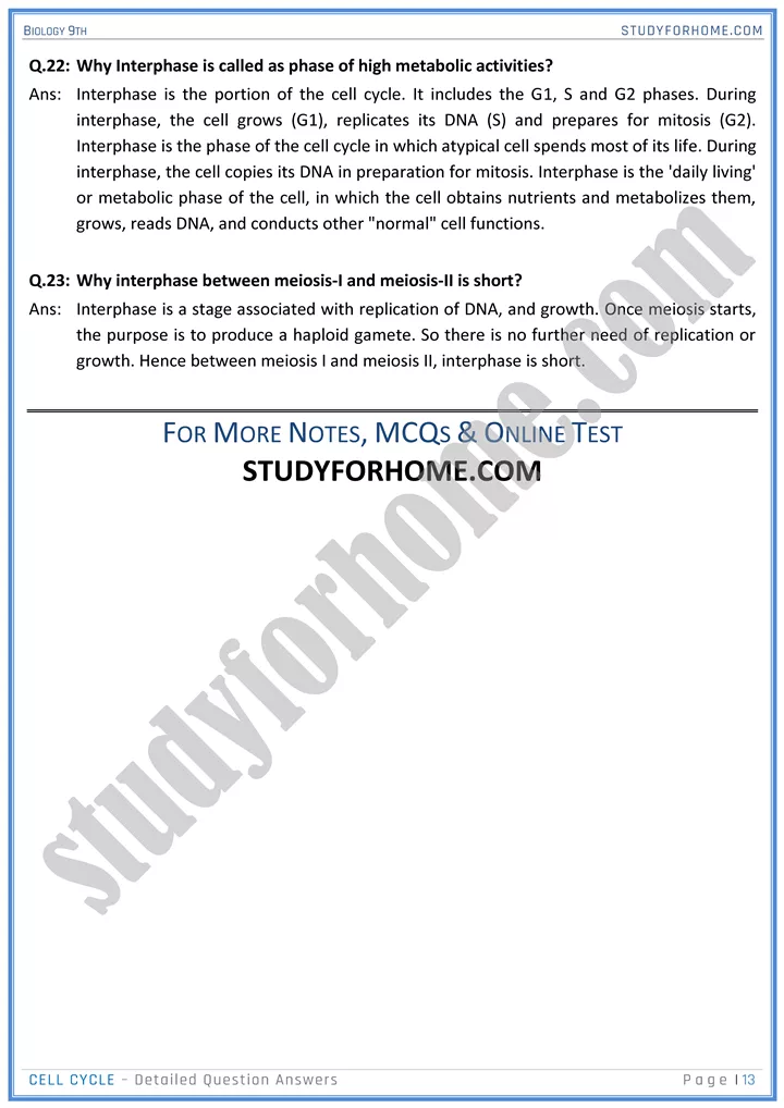 cell cycle detailed question answers biology 9th 13