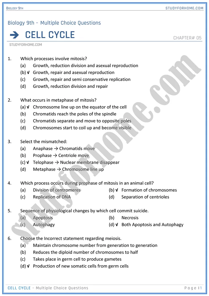 cell cycle mcqs biology 9th 1