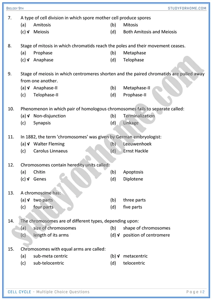 cell cycle mcqs biology 9th 2