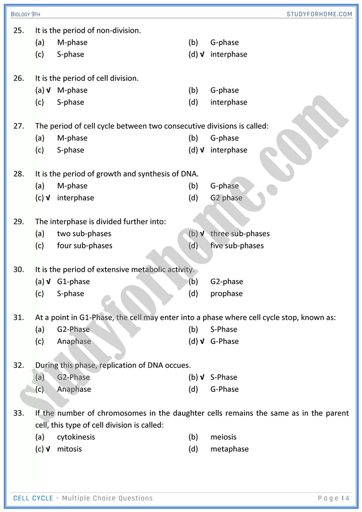 cell cycle mcqs biology 9th 4