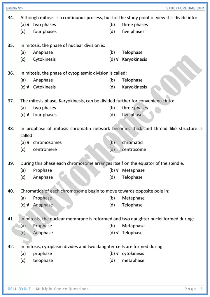 cell cycle mcqs biology 9th 5