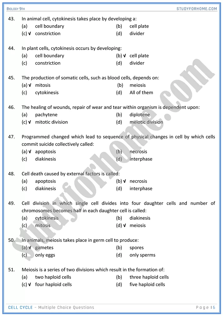 cell cycle mcqs biology 9th 6