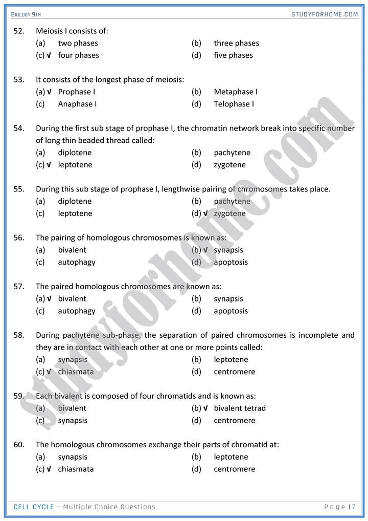 cell cycle mcqs biology 9th 7