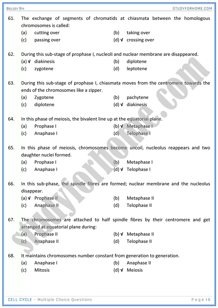 cell cycle mcqs biology 9th 8