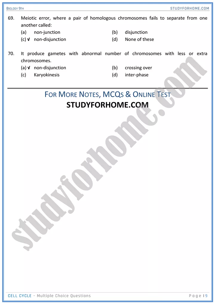 cell cycle mcqs biology 9th 9