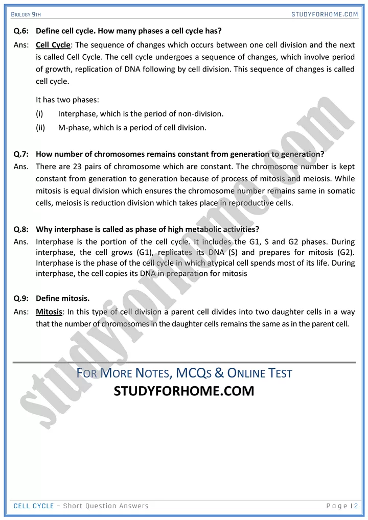 cell cycle short question answers biology 9th 2