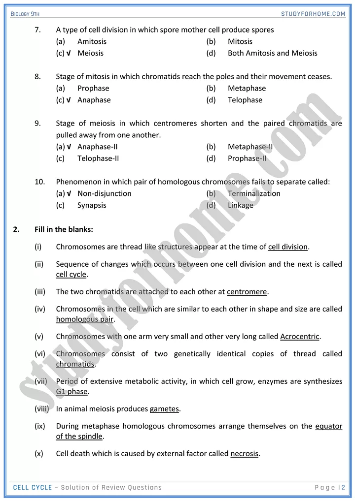 cell cycle solution of review questions biology 9th 02