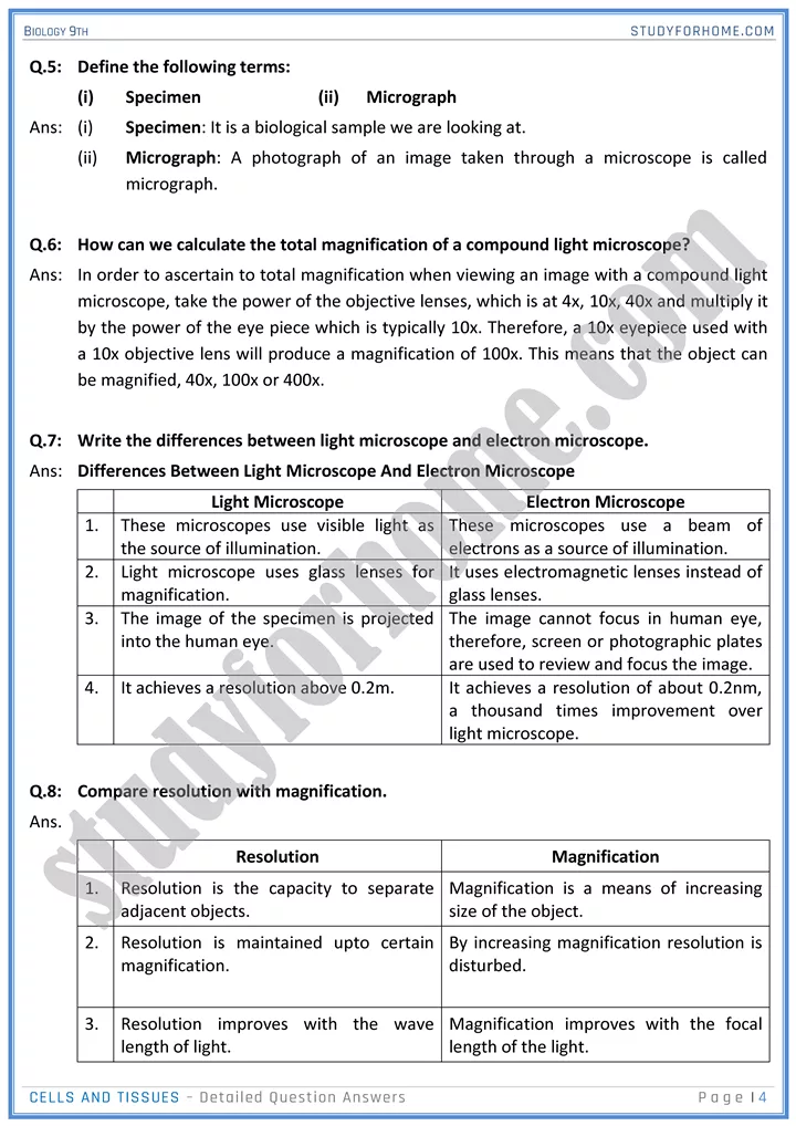 cells and tissues detailed question answers biology 9th 04