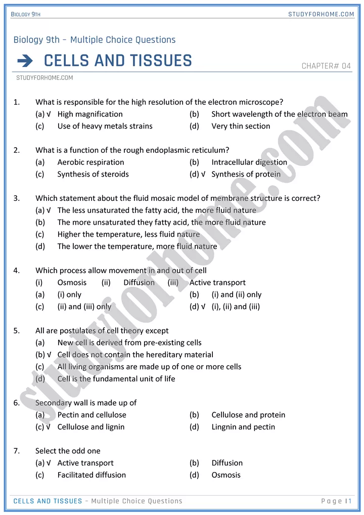 cells and tissues mcqs biology 9th 01