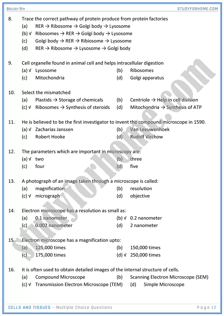 cells and tissues mcqs biology 9th 02