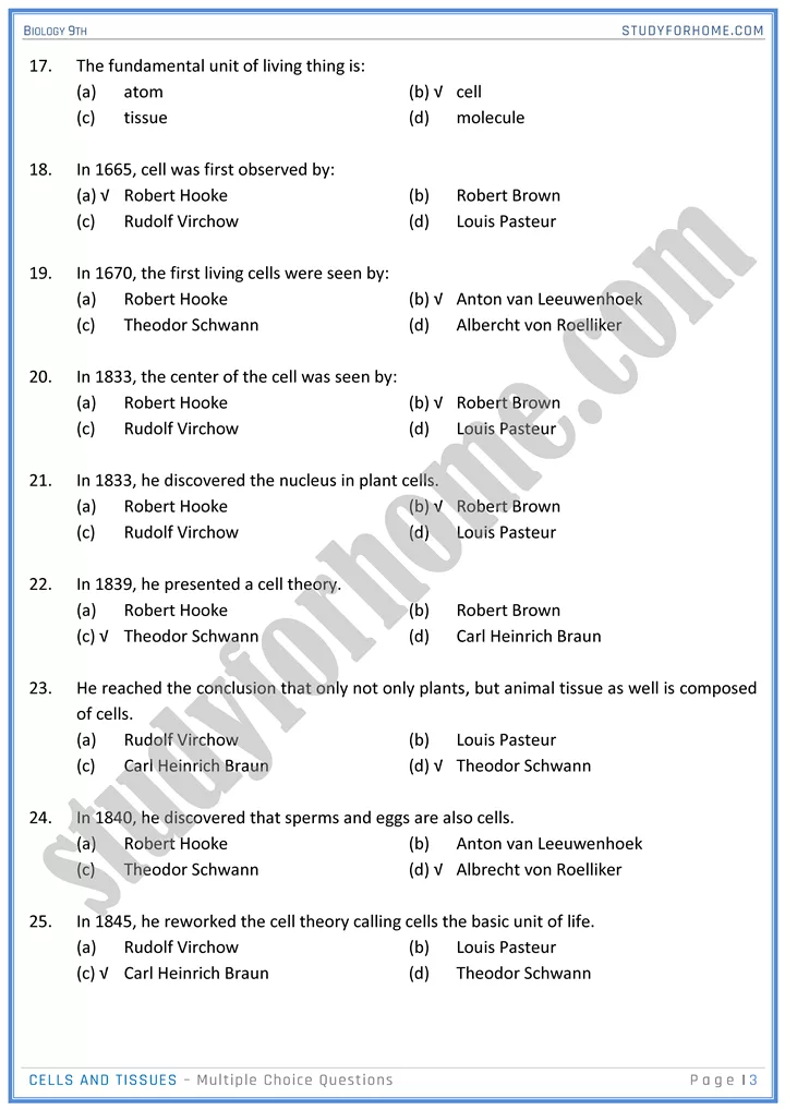 cells and tissues mcqs biology 9th 03 1