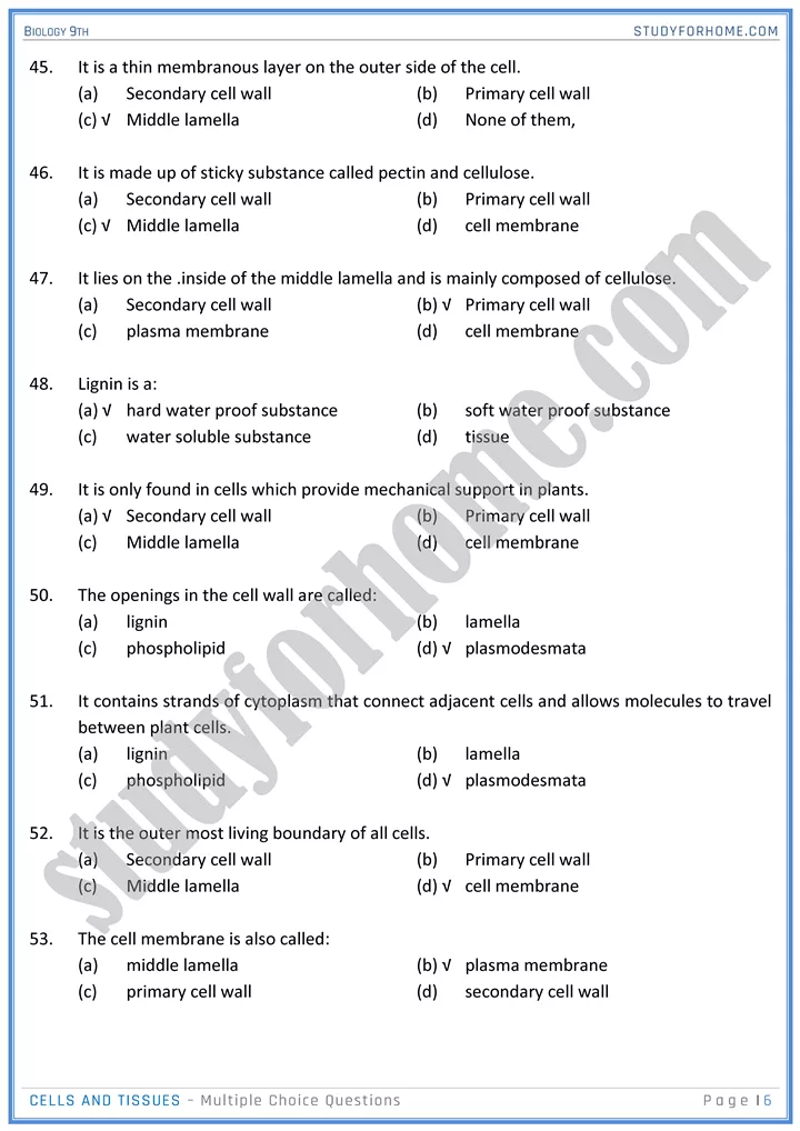 cells and tissues mcqs biology 9th 06