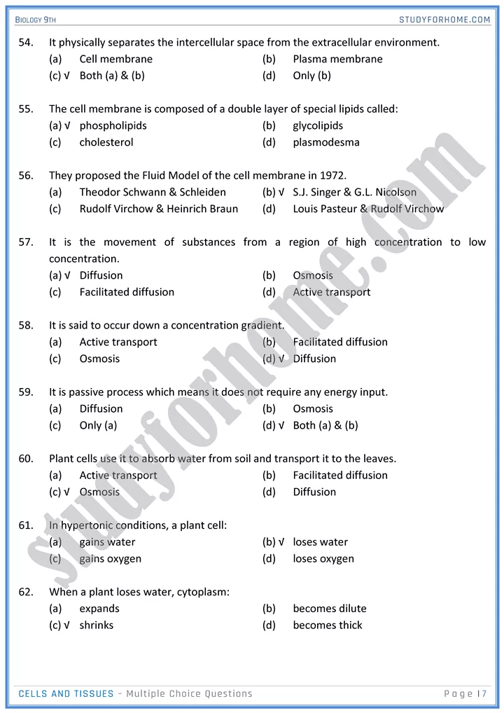 cells and tissues mcqs biology 9th 07