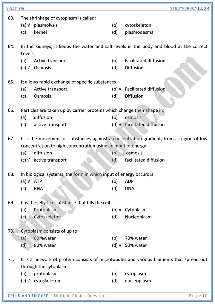 cells and tissues mcqs biology 9th 08