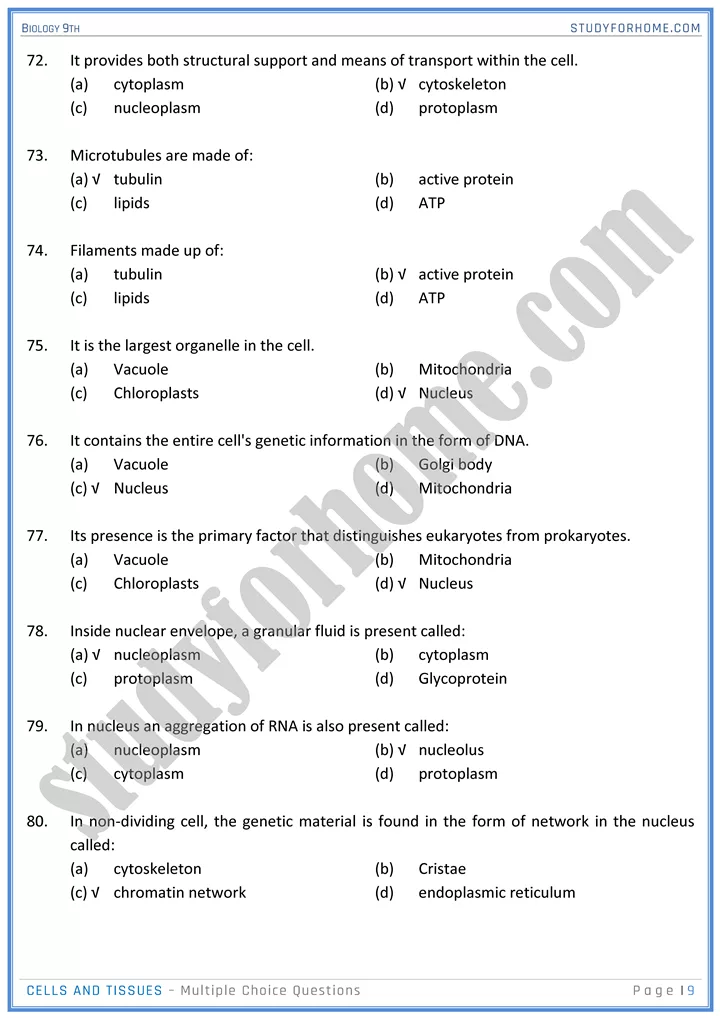 cells and tissues mcqs biology 9th 09