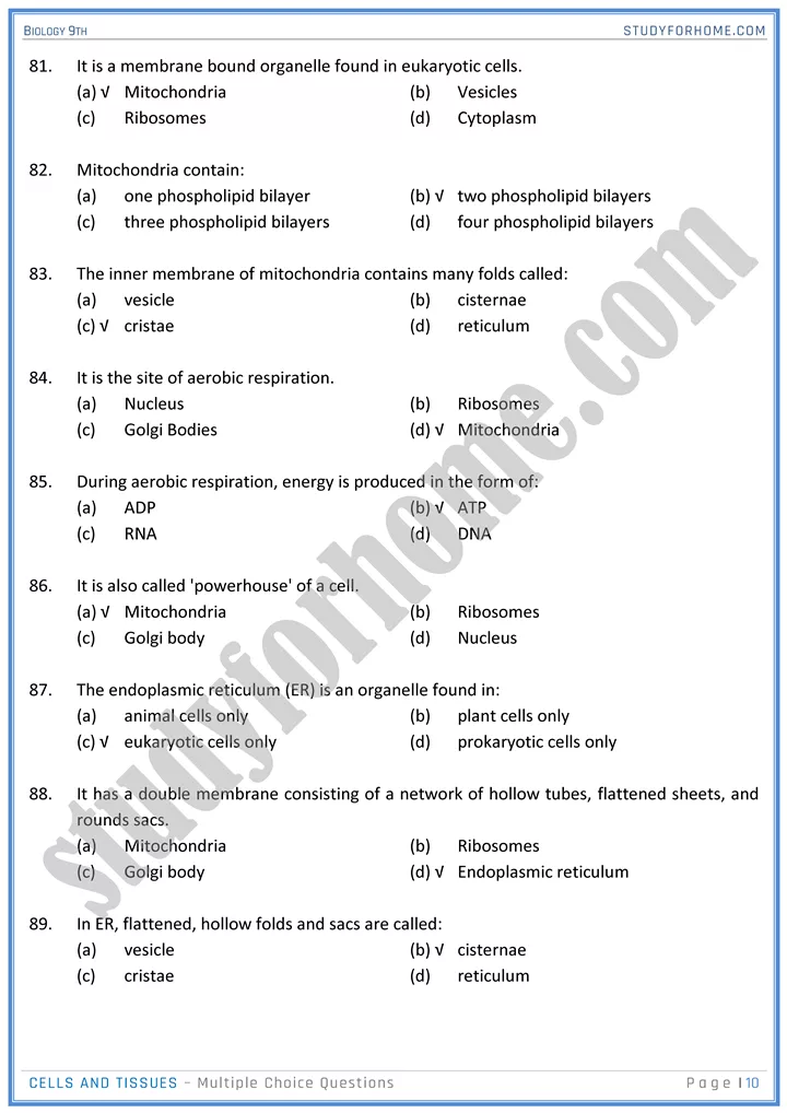 cells and tissues mcqs biology 9th 10