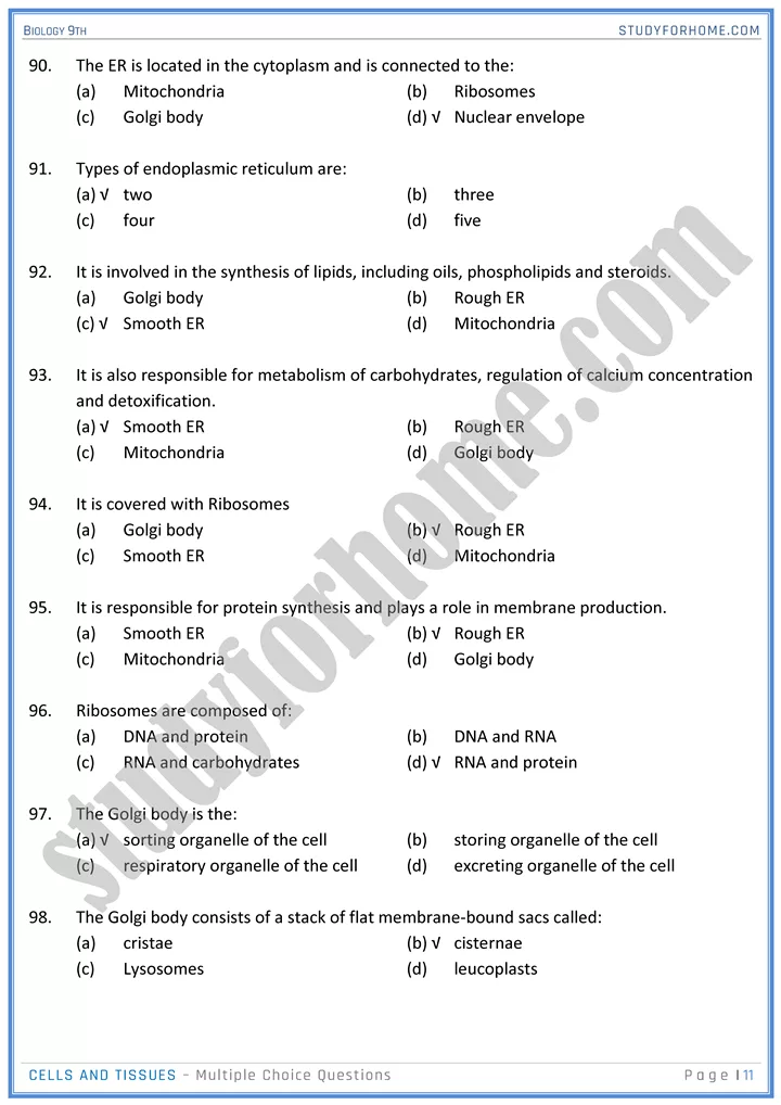 cells and tissues mcqs biology 9th 11