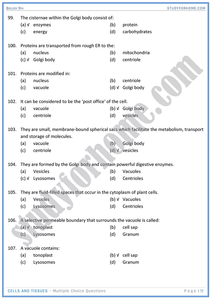 cells and tissues mcqs biology 9th 12