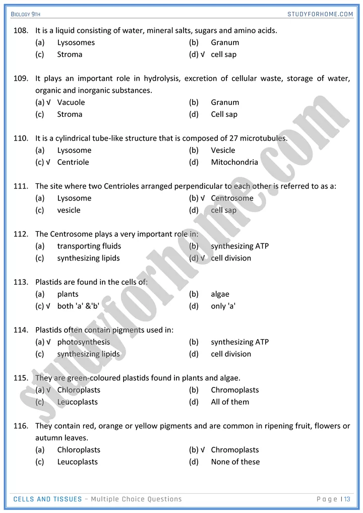 cells and tissues mcqs biology 9th 13