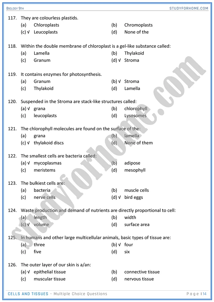 cells and tissues mcqs biology 9th 14