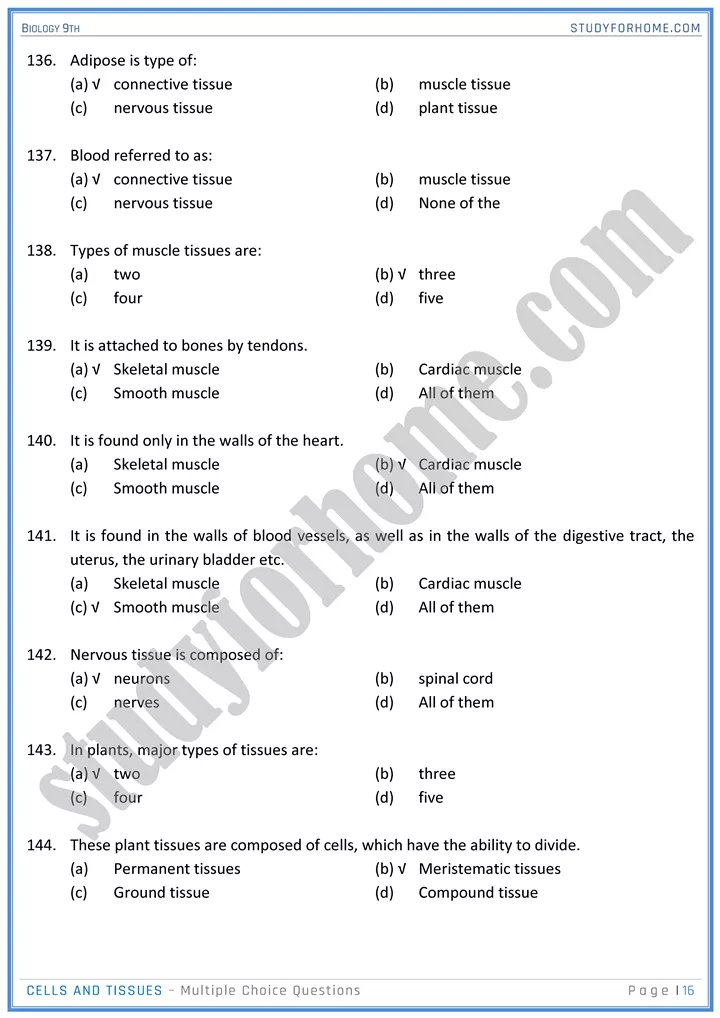 cells and tissues mcqs biology 9th 16